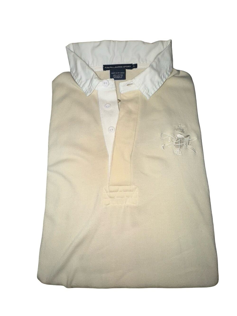Vintage Ralph Lauren Rugby Crest Horses On Back Long Sleeve Ivory Sz XL